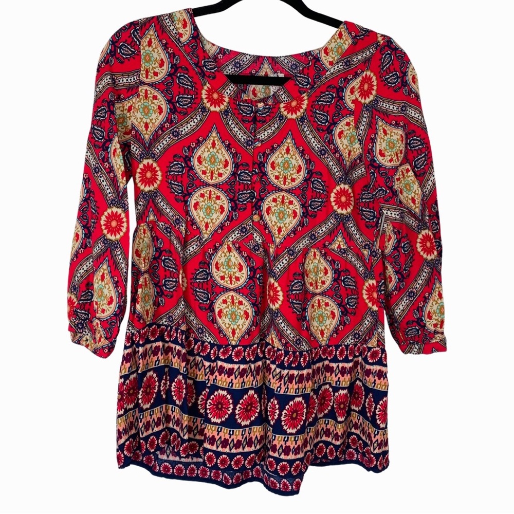 Red Camel Boho Scoop Neck Peasant Top XS Lightweight Colorful Soft Rayon Summer